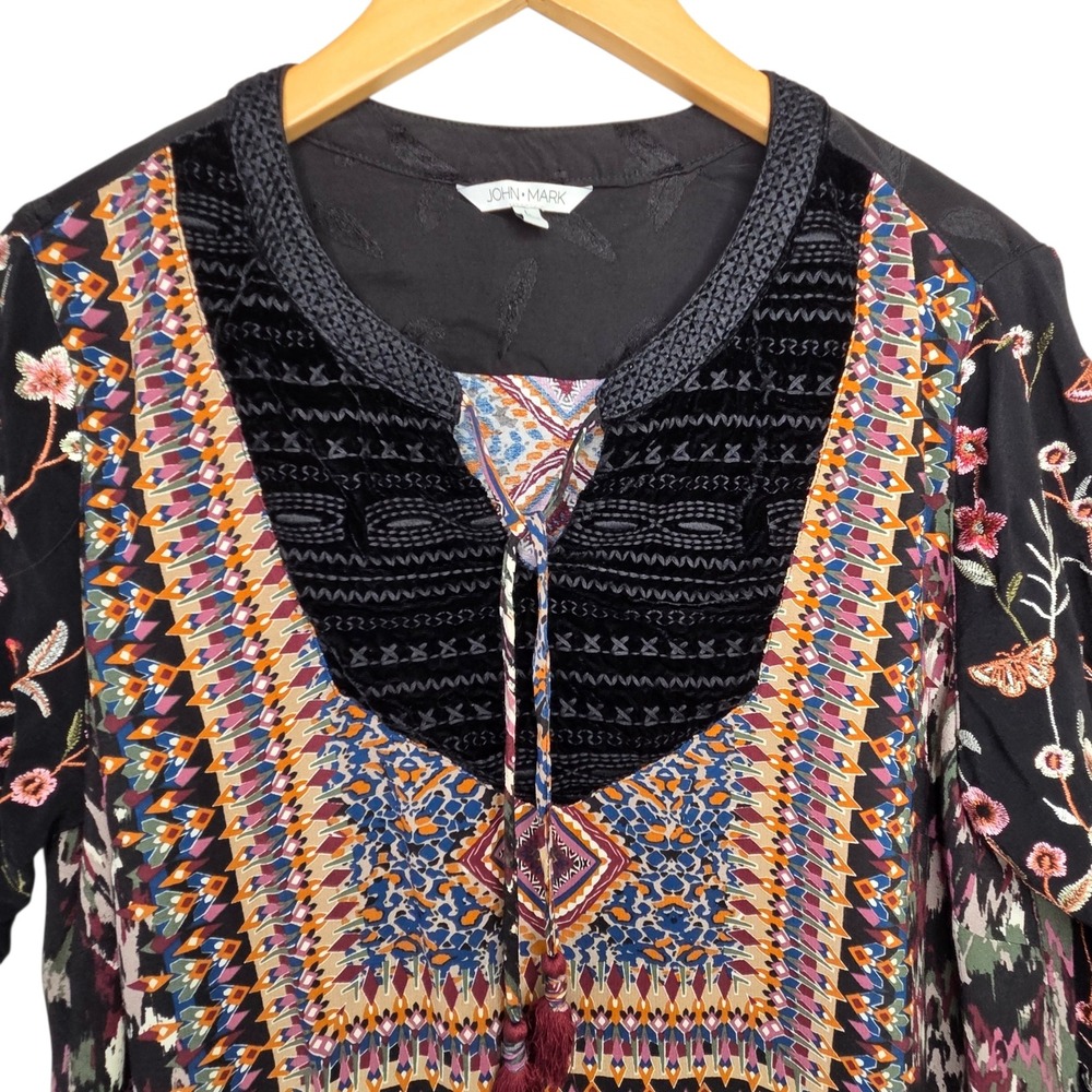 John Mark Womens Black Boho Embroidered Velvet Trim Tunic Top SZ L Artsy Indie